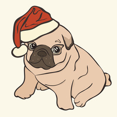 Vector image of puppy pug in Santa's hat. Dog in Santa Claus's clothes. Christmas pug card. Funny pug dog in a red Santa's cap. Cute funny character for children isolated. Simple Minimal style.