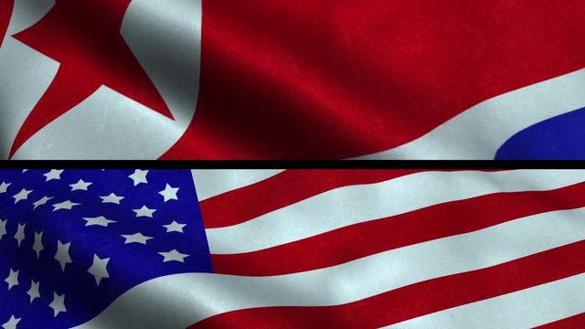 united states of america VS north korea - seamless loop flags waves 