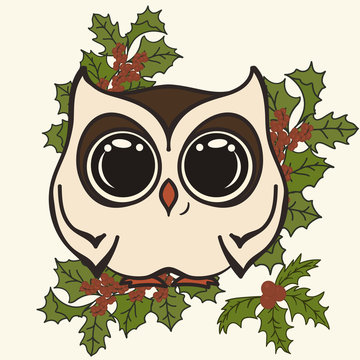 Owl on holly sprig. Christmas and New Year's owl simple minimal design. White Owlet with mistletoe image on cartoon style. Fat amusing owlet Greeting Christmas card image. Owl with expressive eyes.