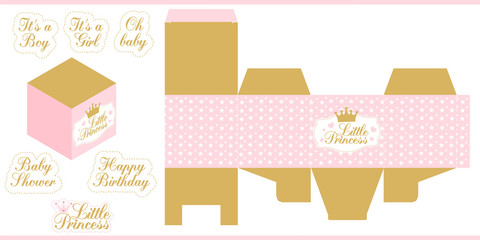 Little princess party printable template (baby shower, birthday) Die paper box. Print and cut. Gold and pink royal vector packing for sweet (candy) table. Favors gift box mockup. Cube shape package