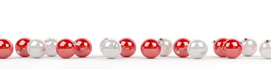 Red and white christmas baubles lined up 3D rendering