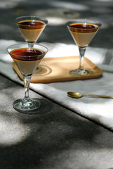 Close up Panna Cotta with Coffee Syrup. (selective focus)