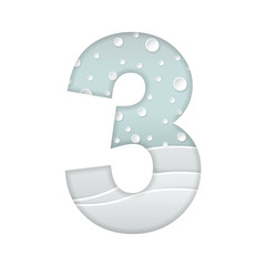 color vector illustration of paper art cut number three with winter landscape with multi layers and shadows effect isolated on white background