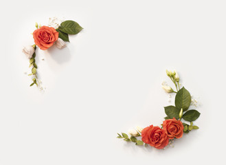 Orange roses with green addons in frame composition, isolated in white backround, top view, flat lay