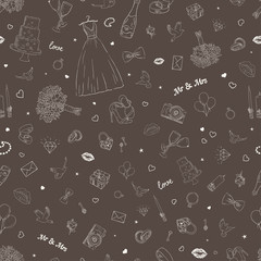 Naklejka premium Seamless pattern with wedding icons. Wedding, marriage, bridal. Hand drawn vector background
