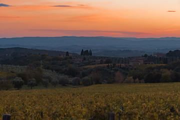 Naklejka na ściany i meble sunset over the chianti hills in autumn in province of Siena Tuscany Italy...