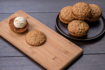 Close up Homemade Malt and Oat Cookie Sandwiches . (selective Focus)