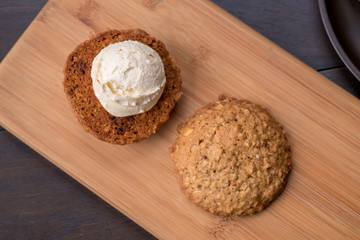 Close up Homemade Malt and Oat Cookie Sandwiches . (selective Focus)