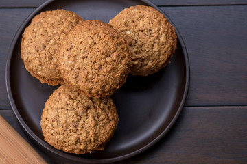Close up Homemade Malt and Oat Cookie Sandwiches . (selective Focus)
