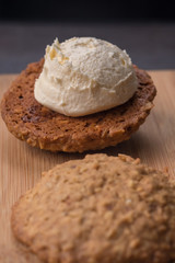 Close up Homemade Malt and Oat Cookie Sandwiches . (selective Focus)