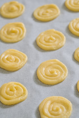 Close up Homemade White Chocolate Cat’s Tongue Cookies . (selective Focus)