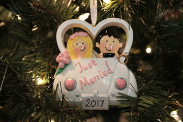 Just Married christmas ornament hanging on tree dated 2017