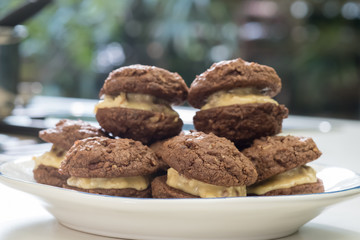 Close up Homemade Chocolate Cookie Sandwiches . (selective Focus)