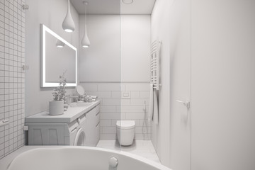 Fototapeta premium 3d illustration of an interior design of a white minimalist bathroom. Modern Scandinavian style of interior. Bathroom without textures and materials
