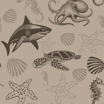 aquatic seamless pattern, vector illustration