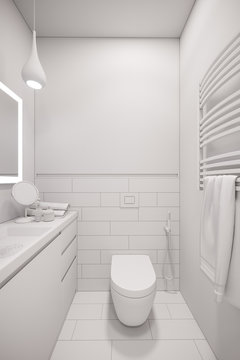 3d illustration of an interior design of a white minimalist bathroom. Modern Scandinavian style of interior. Bathroom without textures and materials