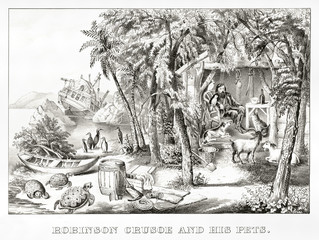 Robinson Crusoe in his island with his pets after the shipwreck. uncontaminated nature and broken ship in background. Old illustration by Currier & Ives, publ. in New York, 1874 - obrazy, fototapety, plakaty