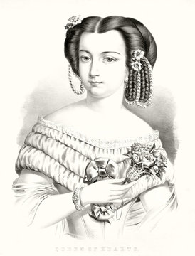 Close Up Of An Ancient Beautiful Woman Titled Queen Of Hearts With A Old Hairstyle And Unbuttoned Dress. She Also Holds A Bouquet. Old Illustration By Currier & Ives, Pub. In New York, 1857