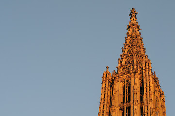 Spitze des Ulmer Münsterturms in der Abendsonne