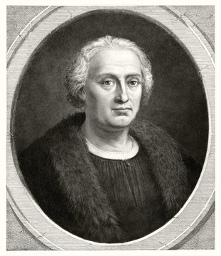 Old bust portrait of Christopher Columbus (1451 � 1506), Italian explorer and navigator. Old illustration by unidentified author, publ. in Washington, 1892