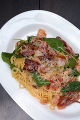 Close up Homemade Carbonara Pasta. (selective Focus)