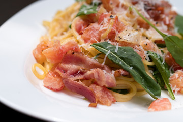 Close up Homemade Carbonara Pasta. (selective Focus)