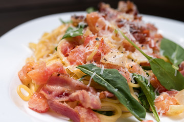 Close up Homemade Carbonara Pasta. (selective Focus)