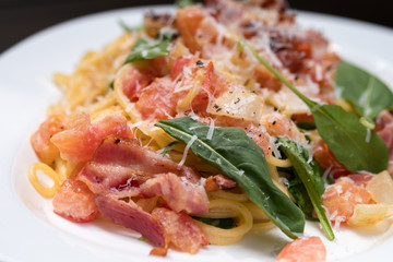 Close up Homemade Carbonara Pasta. (selective Focus)