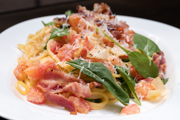 Close up Homemade Carbonara Pasta. (selective Focus)
