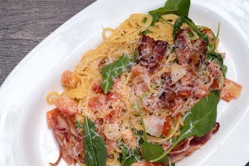 Close up Homemade Carbonara Pasta. (selective Focus)