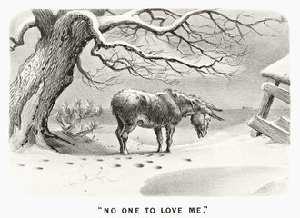 Sad lonely donkey under a bare tree on the snow. Old illustration by Currier & Ives, publ. in New York, 1880