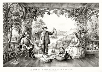 Rich fishermen backing home after a lucky fishing in a elegant veranda. Aristocratic context. Old illustration by Currier & Ives, publ. in New York, 1867