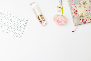 Female workspace and various items. Mockup