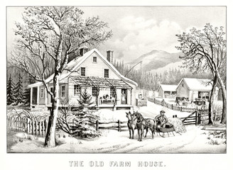 Antique illustration of an old farm house in winter. Mountains on background. Old illustration by Currier & Ives, publ. in New York, 1872