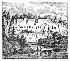 Evocative natural place with a mysterious building. Madelein hermitage ear Fribourg, Switzerland. Old Illustration by unidentified author, published on Magasin Pittoresque, Paris, 1834