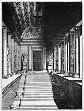 Luxenbourg Palace staircase, Paris. Interior context and central perspective. Old Illustration by Jackson, published on Magasin Pittoresque, Paris, 1834