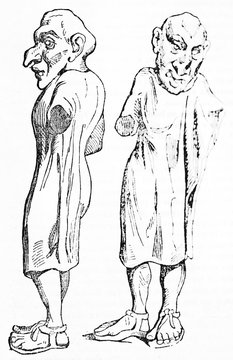 Isolated grotesque Macchus statue (ancient Rome farcical character). Old Illustration by unidentified author, published on Magasin Pittoresque, Paris, 1834