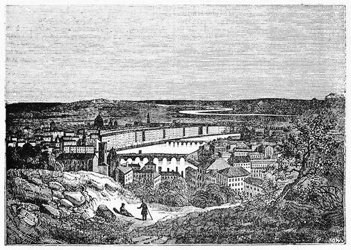 Old cityscape view from a top of a hill. Lyon from the Croix-Rousse, France. Old Illustration by unidentified author, published on Magasin Pittoresque, Paris, 1834