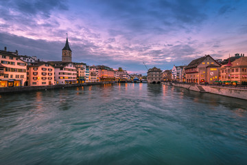 Panorama of night city Zurich. Zurich, Switzerland - 29 September, 2014. Zurich town centre. Limmatquai street and river Limmat. Panorama of night city Zurich.