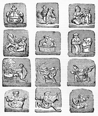 Old medieval religious icons reproduction of twelve misericordes. After drawing of destroyed misericord in Corbeil Saint-Spire cathedral. Published on Magasin Pittoresque, Paris, 1834