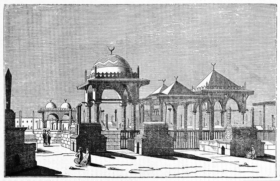 Ancient muslim cemetery in Cairo, Egypt, featured by typical shapes of the arabic architecture. Old Illustration by Jackson, published on Magasin Pittoresque, Paris, 1834