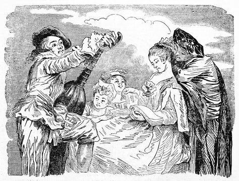Music lesson in a medieval context with people dressed in ancient clothes. Old Illustration by Gigoux, Andrew, Best and Leloir after Watteau, published on Magasin Pittoresque, Paris, 1834