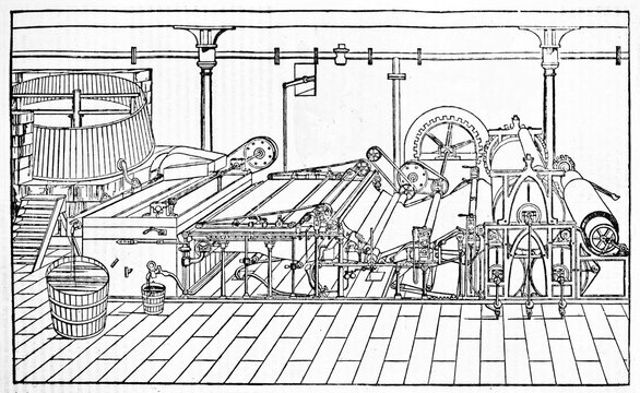 Explication of a ancient paper making machine with his wheels and gears. Old Illustration by unidentified author, published on Magasin Pittoresque, Paris, 1834