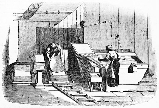 Two men working on a paper sheets production in an ancient paper factory. Old Illustration by unidentified author, published on Magasin Pittoresque, Paris, 1834