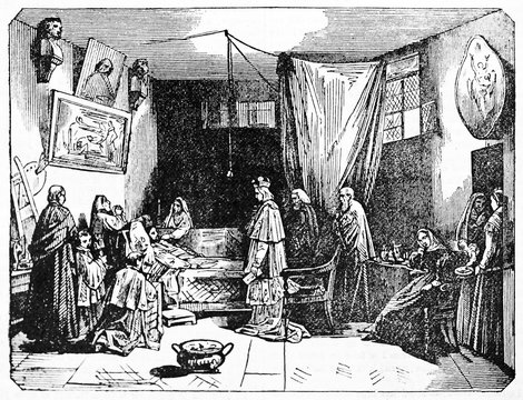 Nicolas Poussin death in a room with a king and other people (French baroque painter 1594 -1665). Old Illustration by Andrew Best and Leloir after Granet published on Magasin Pittoresque Paris1834