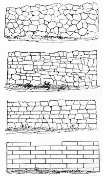Four typologies of stone wall arranged vertically in a minimal outline style. Old Illustration by unidentified author published on Magasin Pittoresque Paris 1834