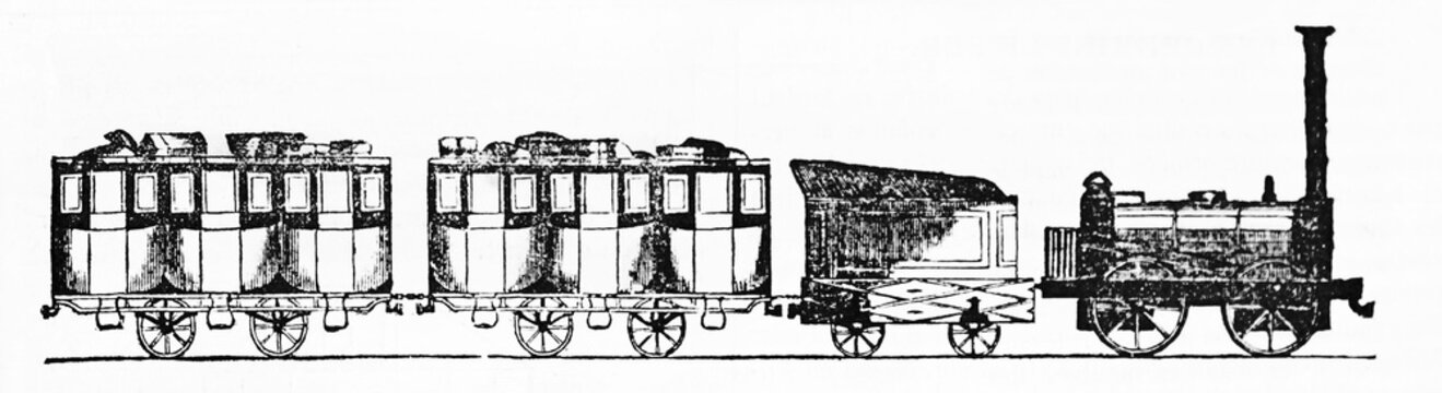 Ancient train, side view of locomotive with wagons isolated on white background in a rough style. Old Illustration by unidentified author published on Magasin Pittoresque Paris 1834. 