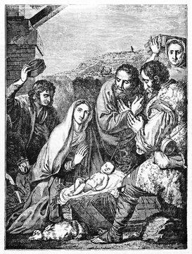 The Adoration of The Sheperds, famous religious event of Jesus Christ nativity. Old Illustration by Josa de Ribera. After De Ribera published on Magasin Pittoresque Paris 1834