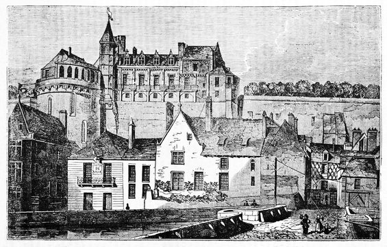 Ancient foreshortening of Chateau d'Amboise area, Loire valley France, and his medieval context with buildings and streets. By unidentified author published on Magasin Pittoresque Paris 1834