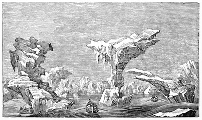 Ancient boat ventures among icebergs in the cold Arctic ocean. Horizontal graphic composition. Old Illustration by unidentified author published on Magasin Pittoresque Paris 1834